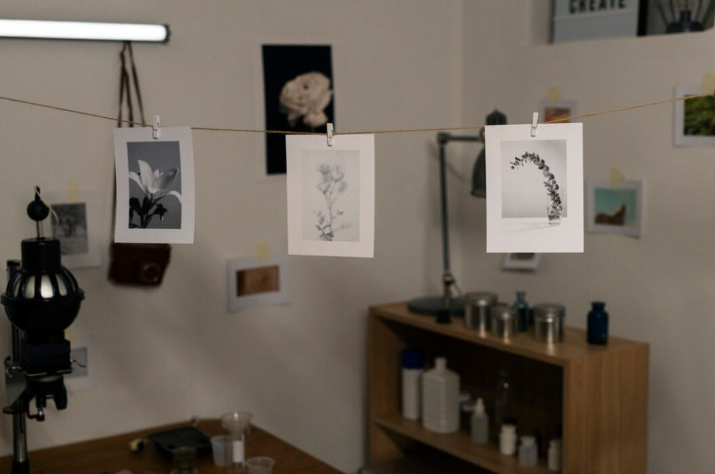 pictures hanging on the thread, black lamp in the corner, pictures on the wall